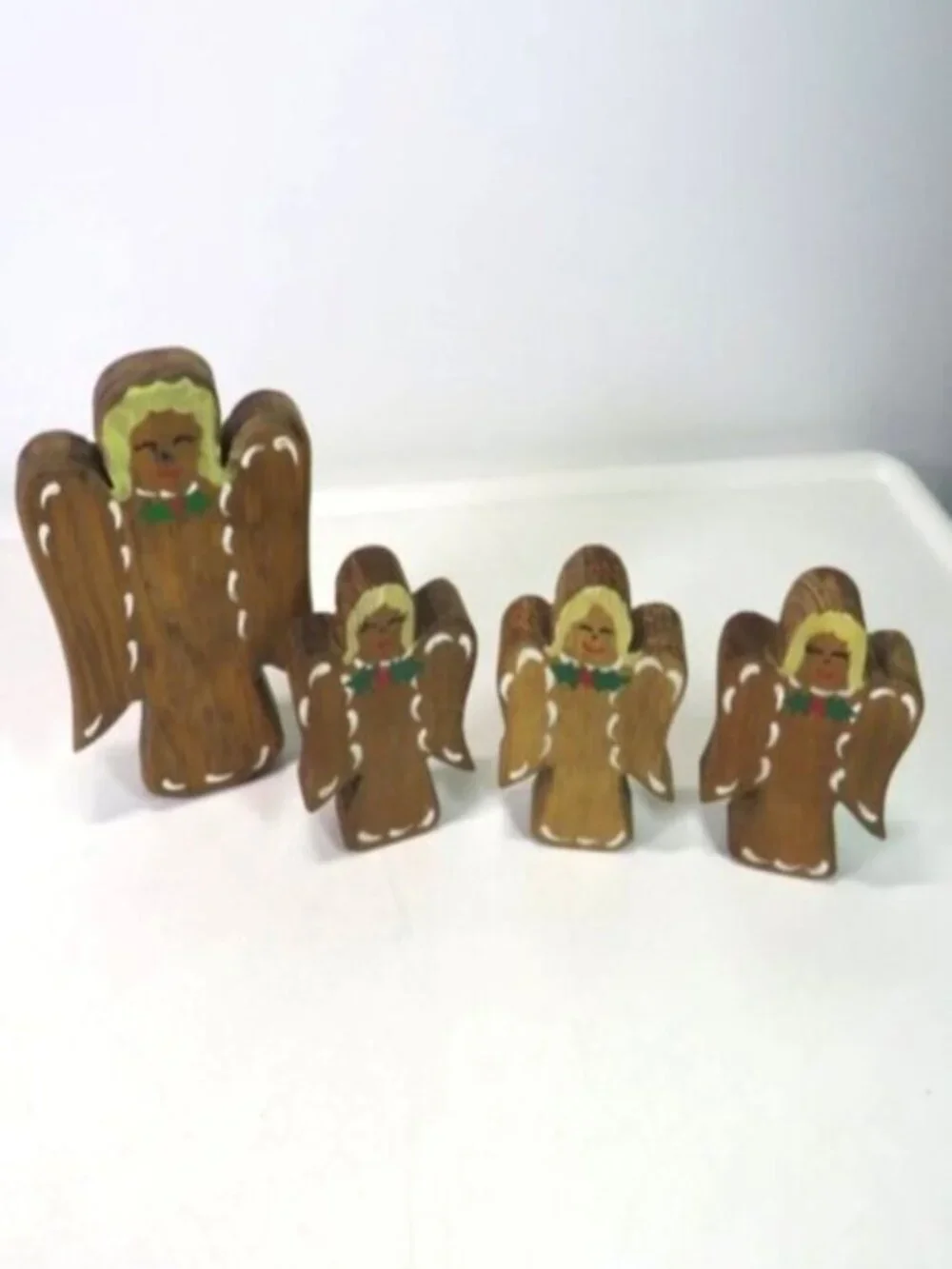 80s Vintage Solid Wood Standing Angels Set 4 Handcrafted Country Christmas